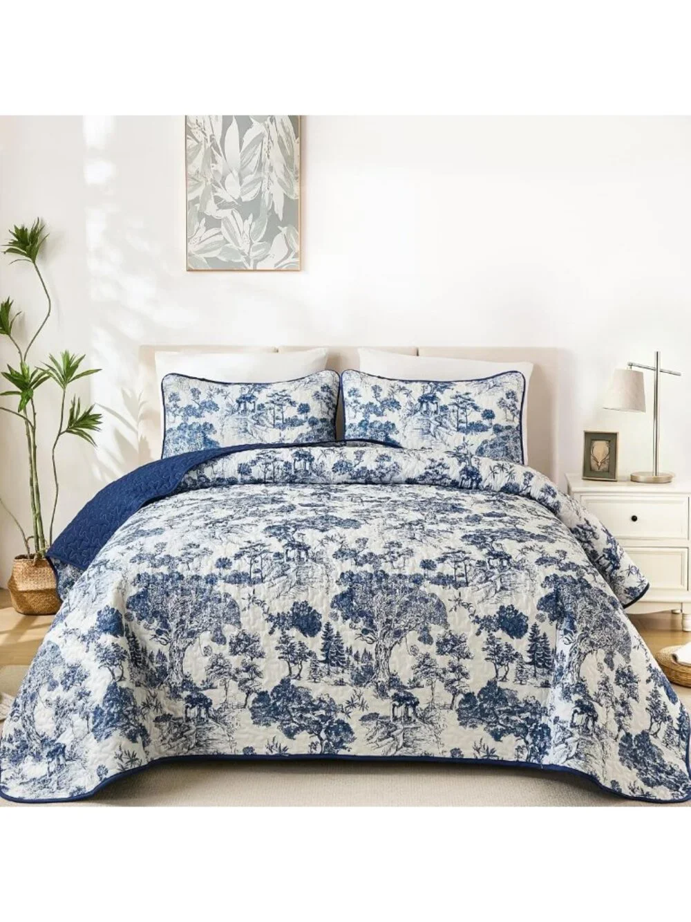 Botanical Floral Quilt Set King Size - Navy Blue Bedspread for Cozy Bedroom